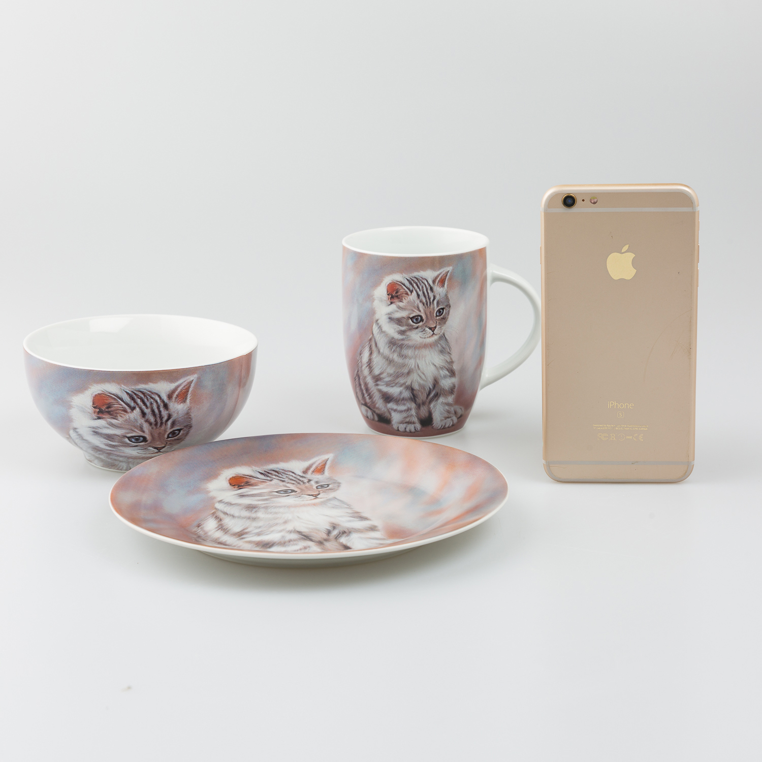 德国原产Könitz陶瓷杯杯碟饭碗 虎纹小猫餐具3件套 彩色