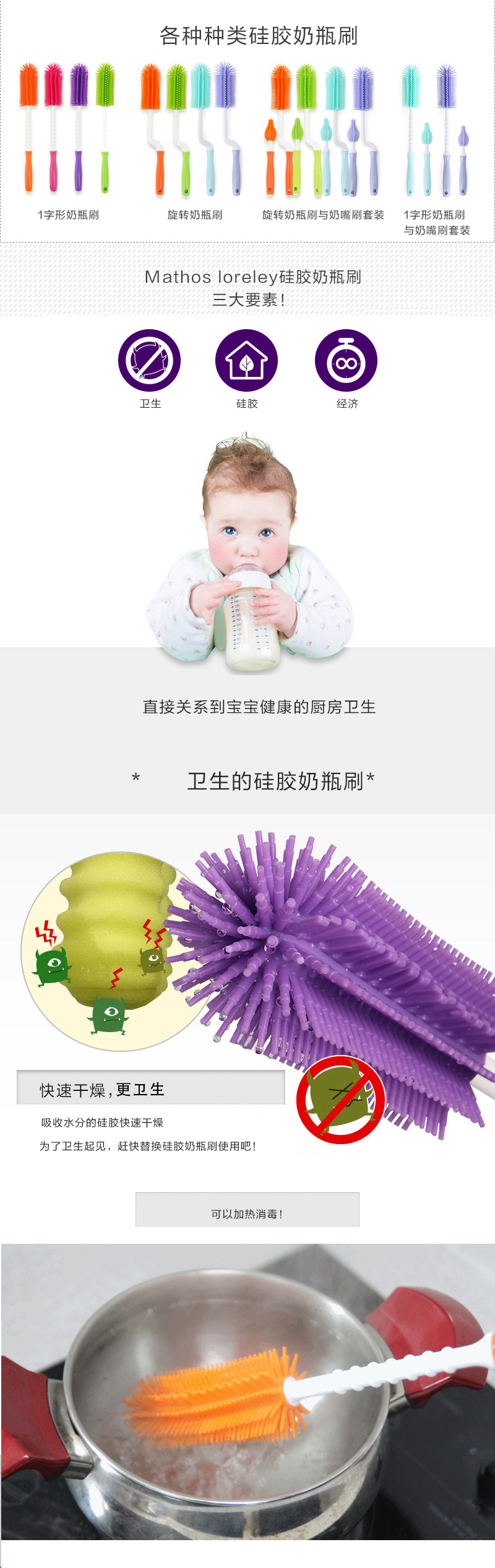 韩国原产Mathos Loreley婴儿奶瓶清洁刷奶嘴清洗刷套装 湖蓝