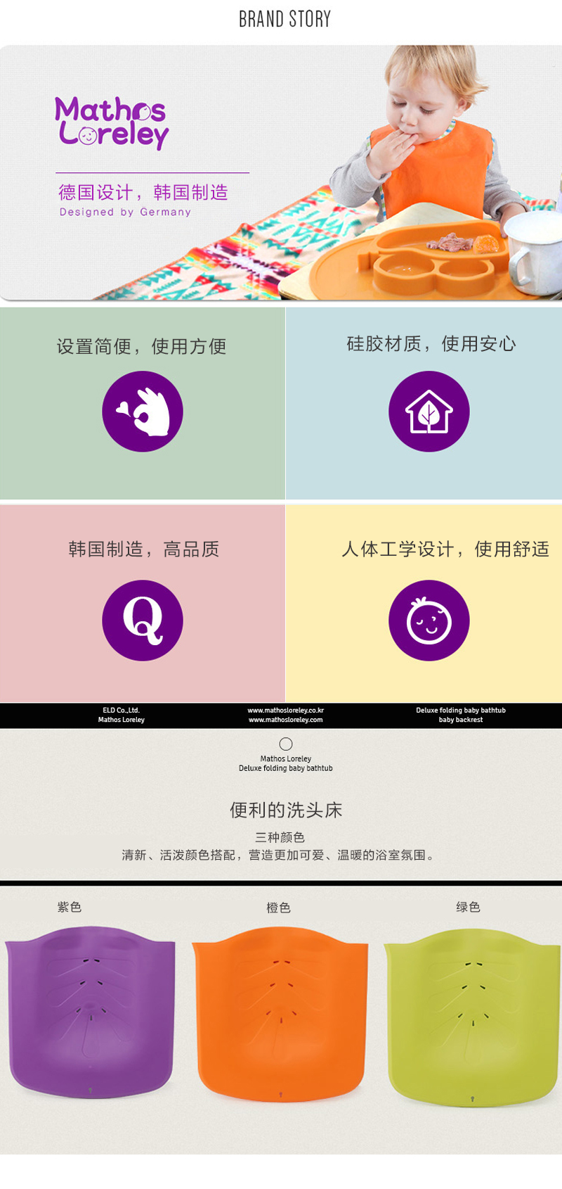 韩国原产Mathos Loreley婴儿洗头床宝宝洗头躺床澡盆配套 绿色