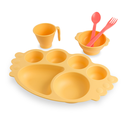 韩国原产Uinlui甘蔗儿童餐具宝宝餐盘创意餐具套装5件套 黄色