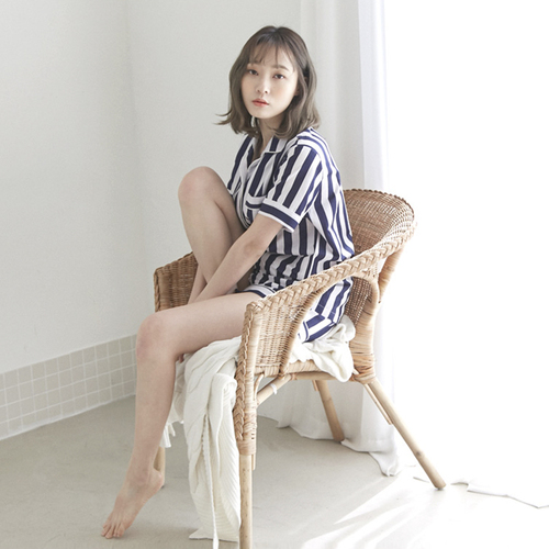韩国原产JO'S LOUNGE 纯棉家居服休闲服睡衣套装条纹 蓝条