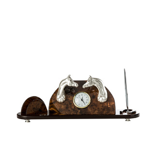 意大利原产GOLD LINE镀银胡桃木底双头马名片架笔筒雕塑摆件