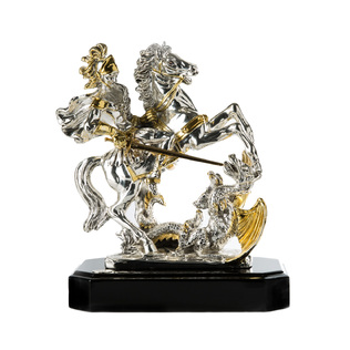 意大利原产GOLD LINE镀金镀银实木底座圣乔治屠龙雕塑摆件
