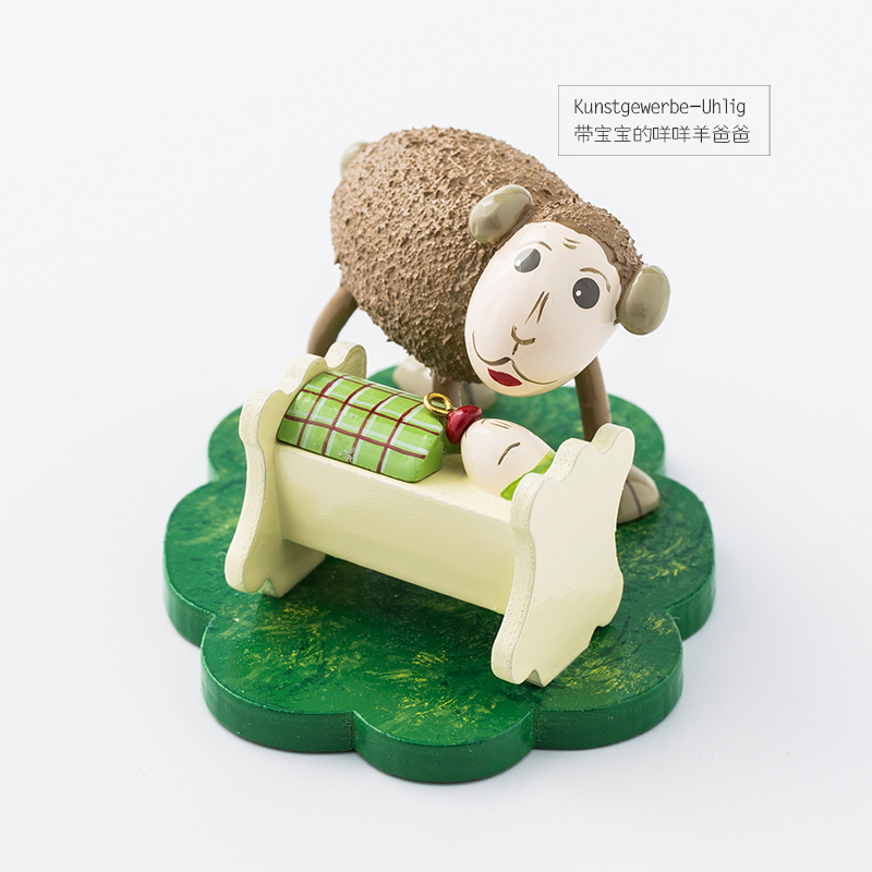 德国原产Kunstgewerbe Uhlig手工木偶带宝宝的绵羊爸爸