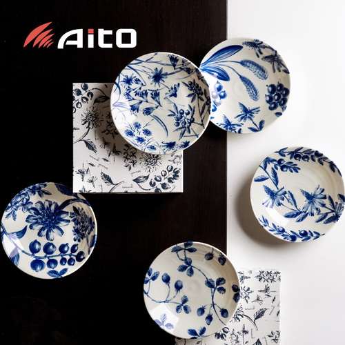 日本原产AITO Botanical美浓烧陶瓷餐盘早午晚餐盘5件套 蓝白