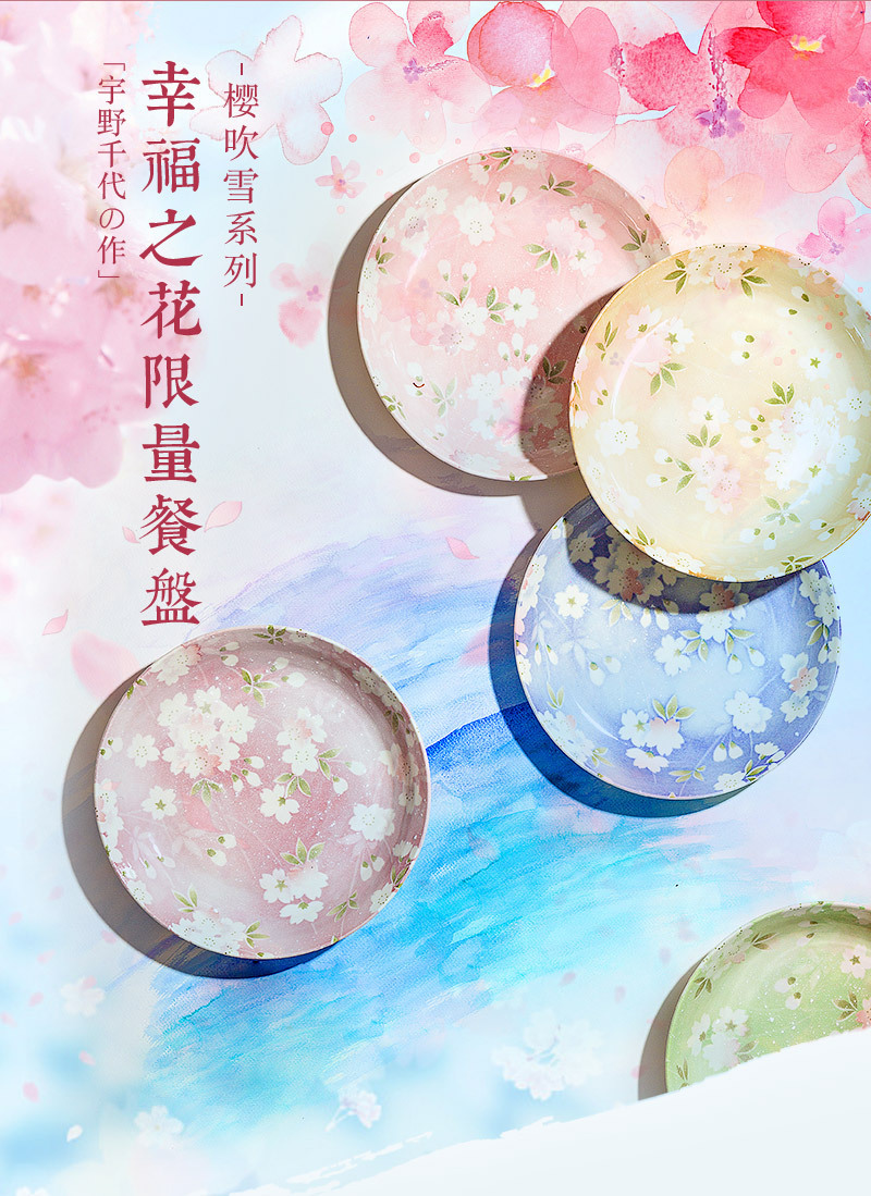 日本原产AITO宇野千代樱吹雪美浓烧陶瓷 盘 礼盒5件套 花色