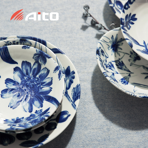 日本原产AITO Botanical美浓烧陶瓷餐盘餐碗碟子 6件套装 蓝白