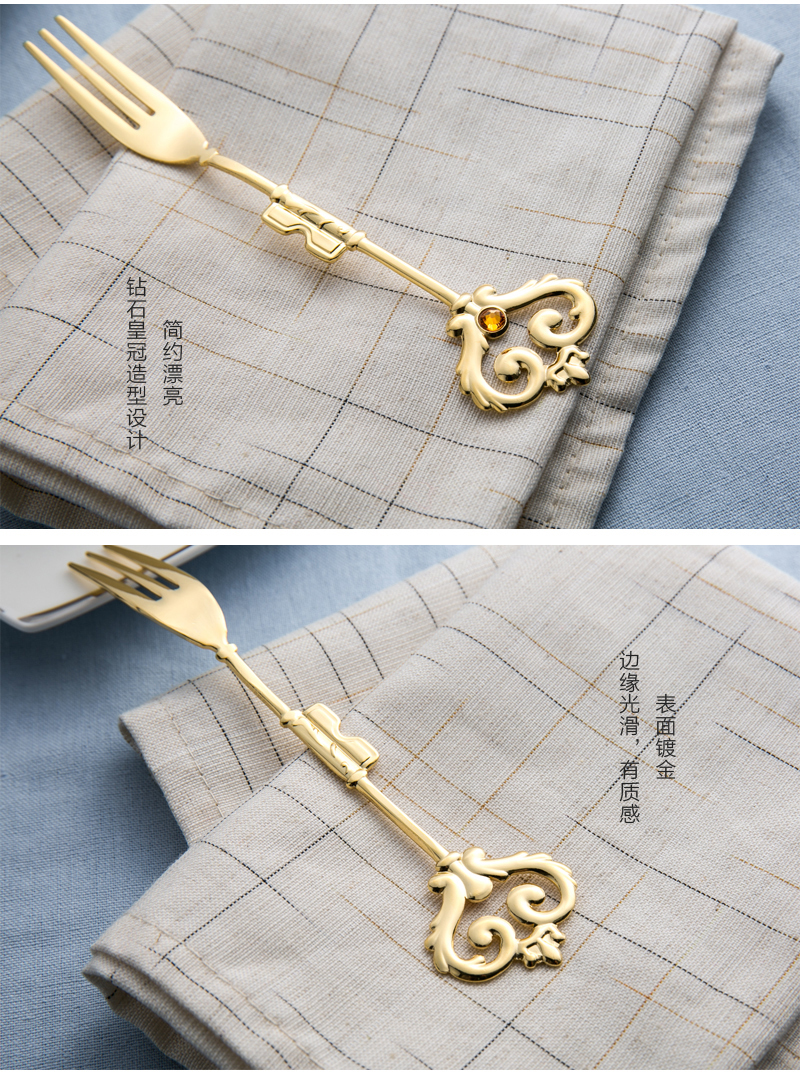 日本原产elfin 高桑金属不锈钢镀金蛋糕叉水果叉钻石皇冠 金黄
