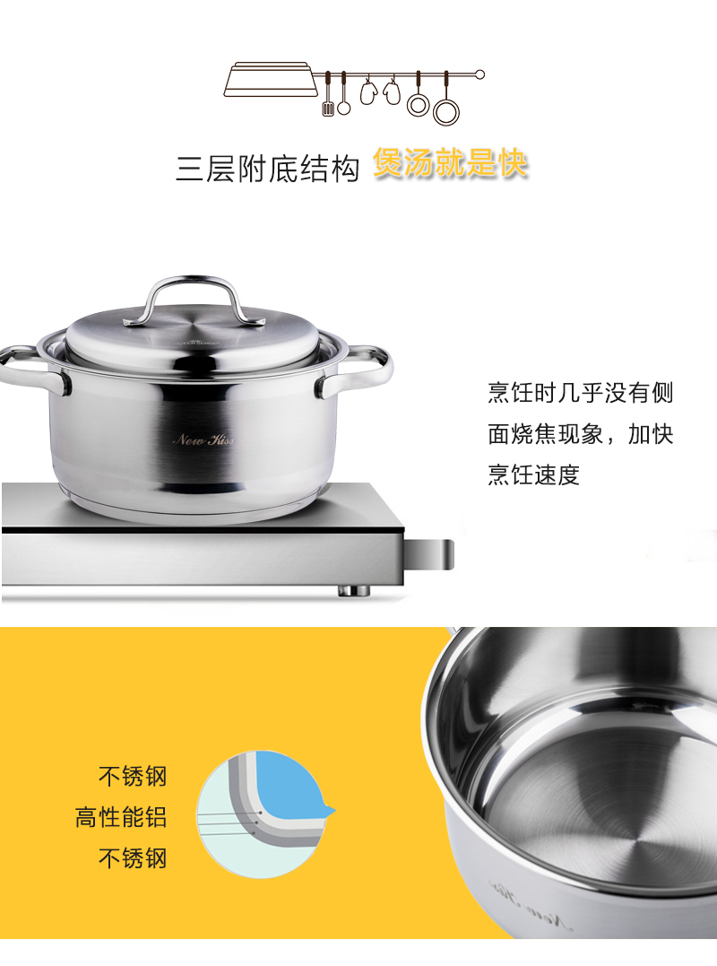 韩国原产QUEEN SENSE不锈钢锅汤锅煮锅NEWKISS系列20CM 银色