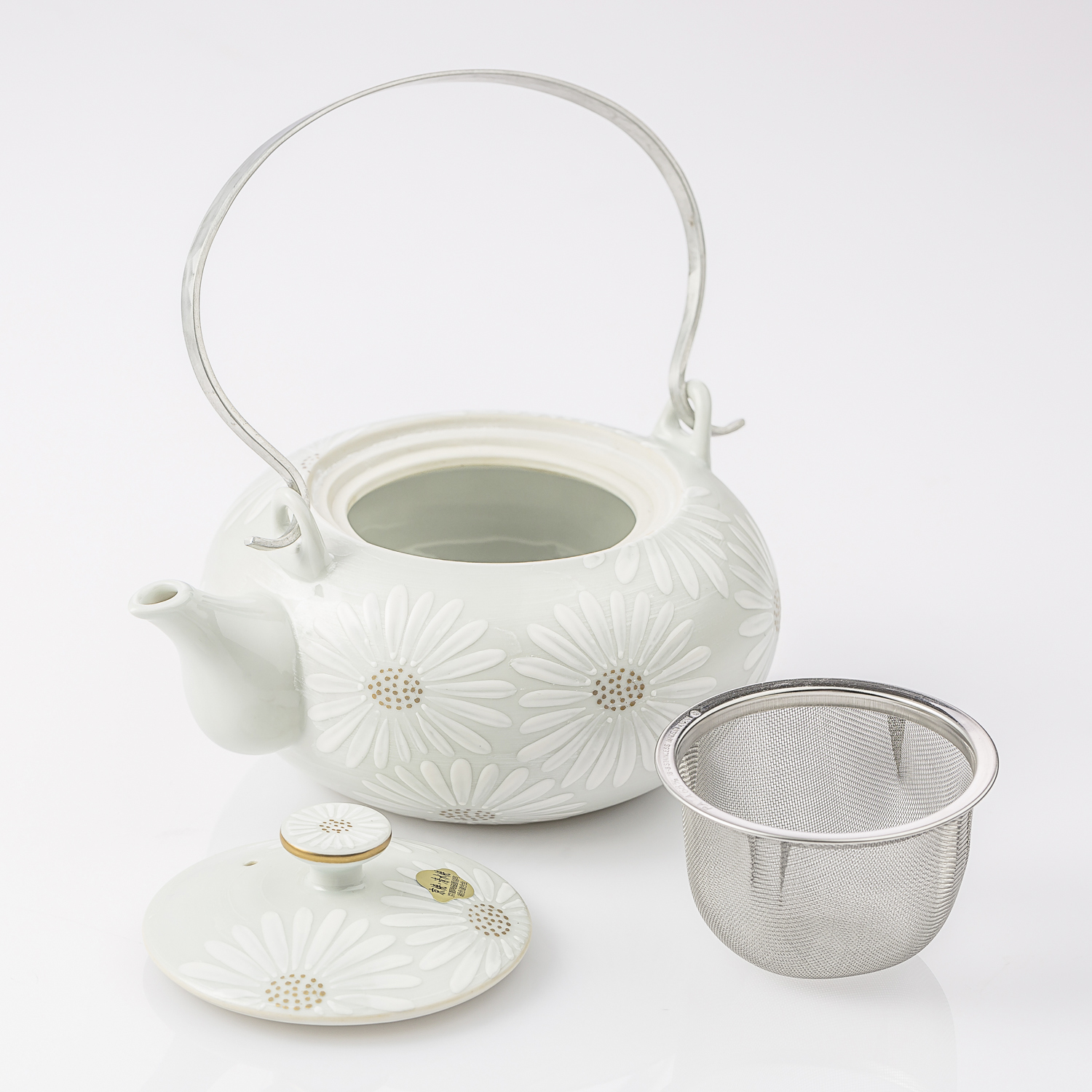 日本原产T.NISHIKAWA 手工京烧清水烧白菊陶瓷茶壶 白色