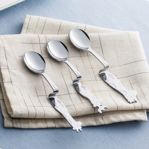 日本原产elfin不锈钢餐勺三件套长颈鹿系列 银色
