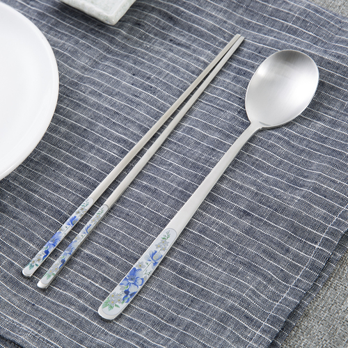 韩国原产DM.KOREA亚光筷勺套装不锈钢筷子餐勺野花图案 蓝条