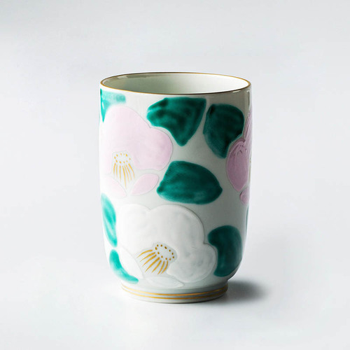 日本原产T.NISHIKAWA 手工京烧清水烧彩绘白椿陶瓷茶杯 绿色