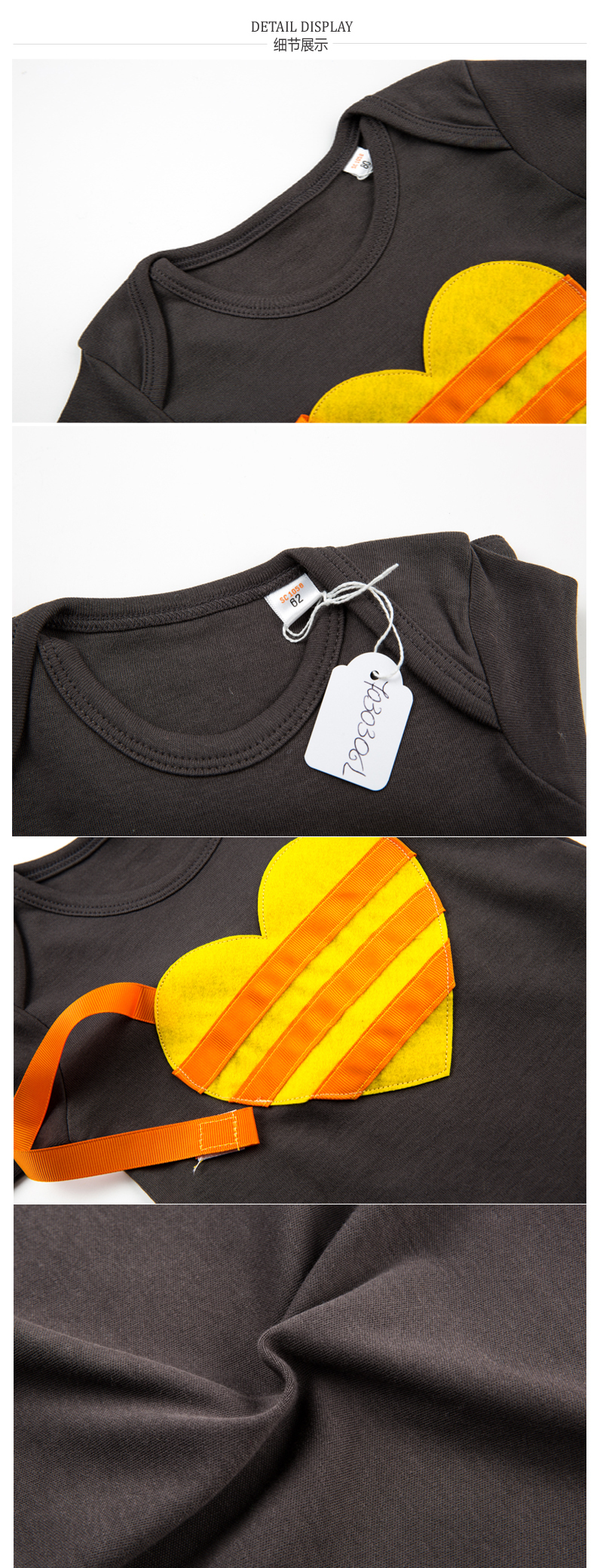 意大利Mamma No爱心带奶嘴绳棉质婴儿长袖宝宝连体衣 深灰 XS